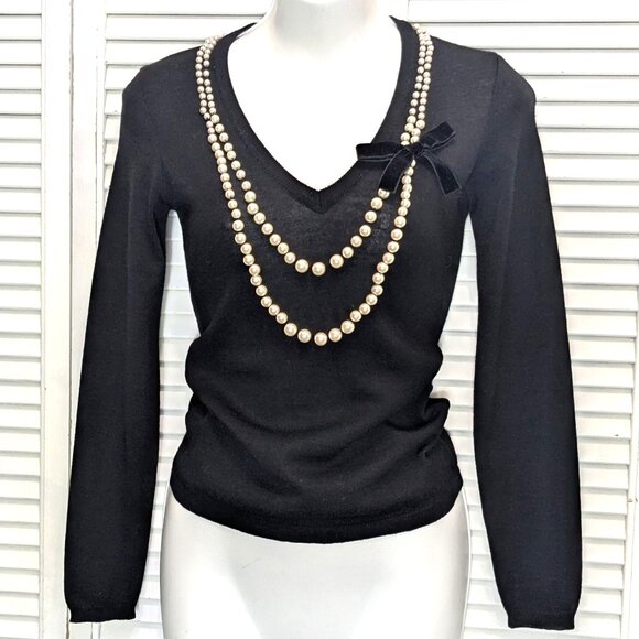 Moschino Cheap and Chic Wool Sweater Size 6 Black w Pearls Velvet Bow 2014 - Picture 2 of 16